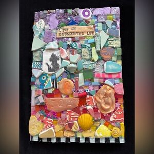 Handmade Mosaic Art” Enchanted Life”Polymer Clay Original On Wood  12”x 8”